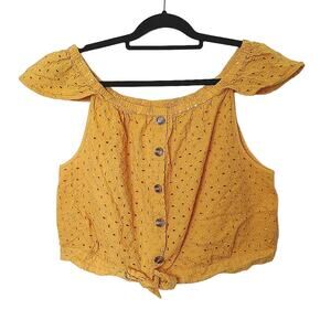 ANA Size XXL Mustard Yellow Cropped Eyelet Short Sleeve Top Tie Summer